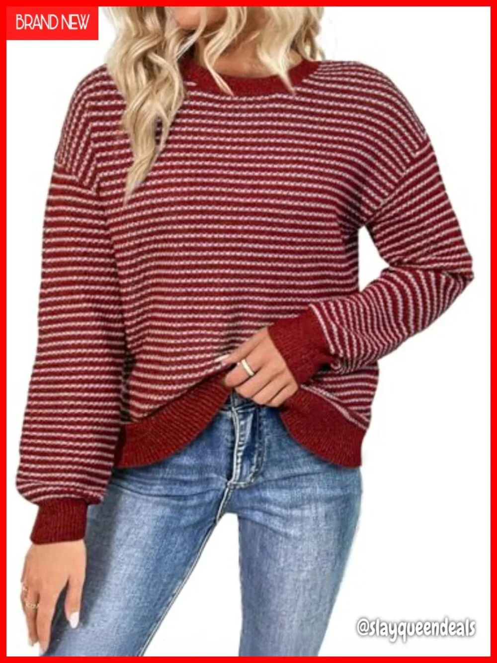 Women's Long Sleeve Crewneck Striped Side Split Pullover Sweater